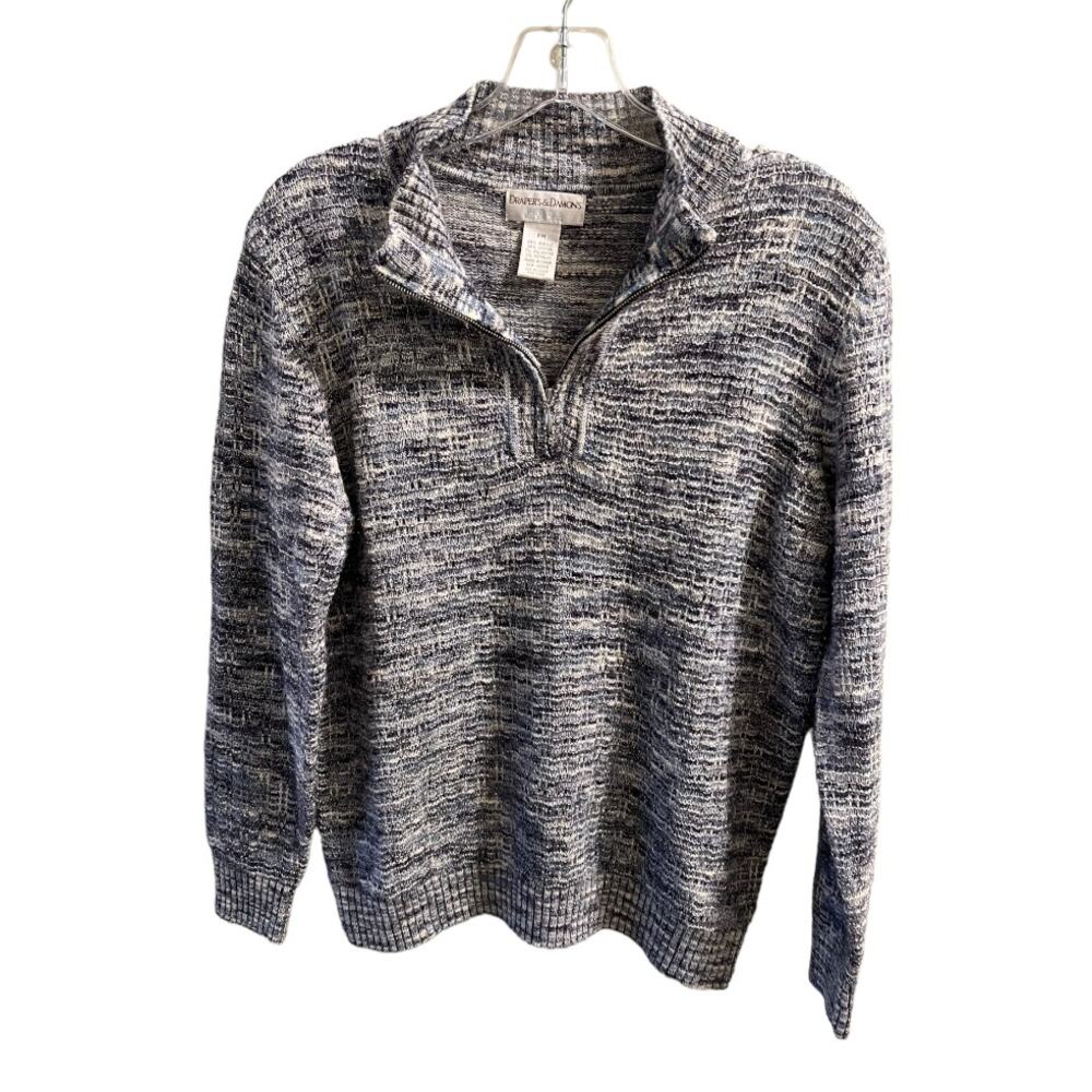 Drapes & Damons Quarter Zip Pullover Sweater Sz Mp Petite Blue White Knit Comfy - Picture 2 of 9